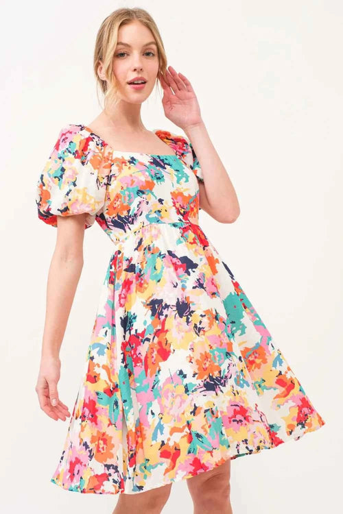 And The Why Square Neck Puff Sleeve Floral Dress by Wild and Free Boutique