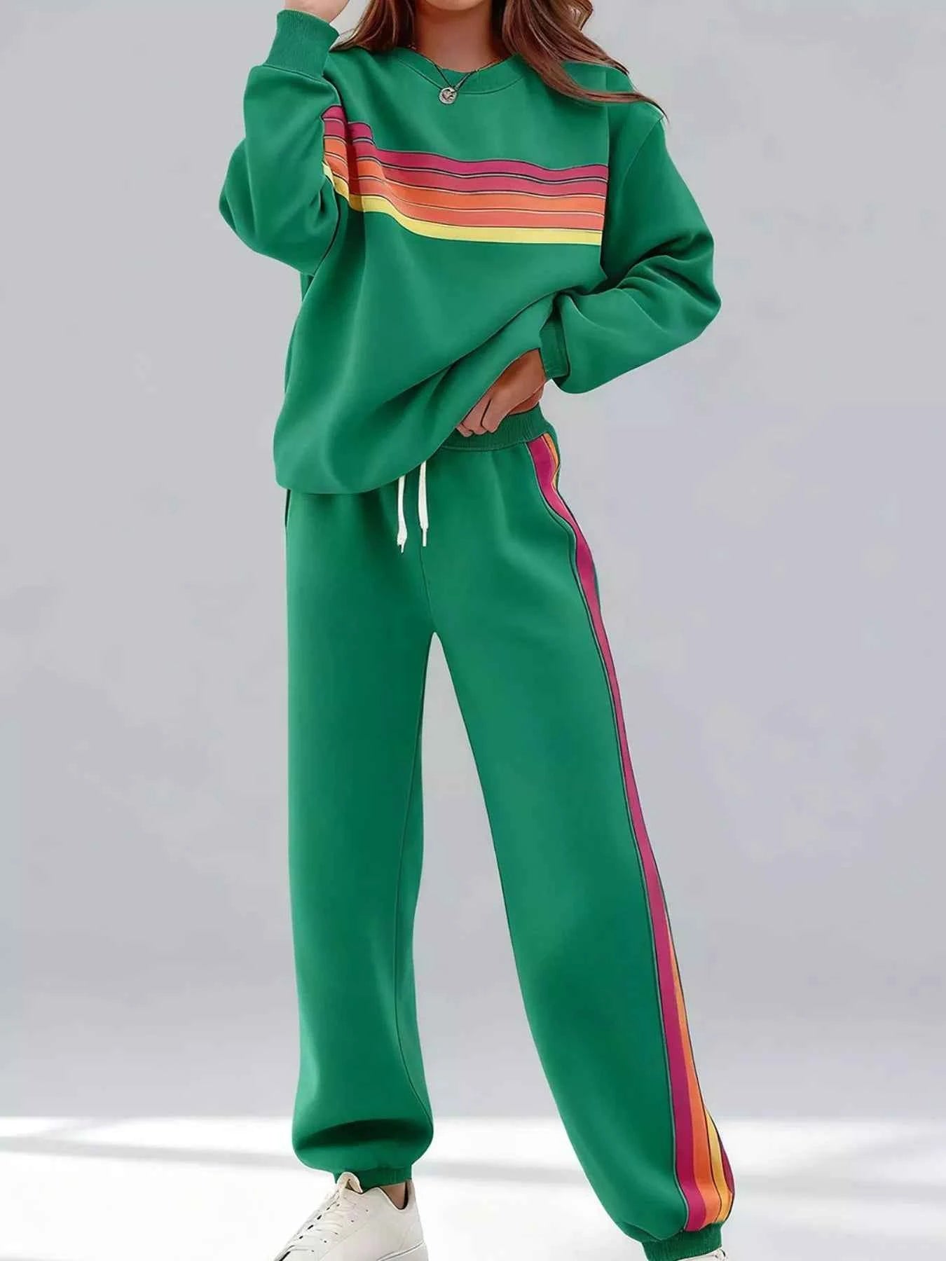 Striped Round Neck Sweatshirt and Pants Set