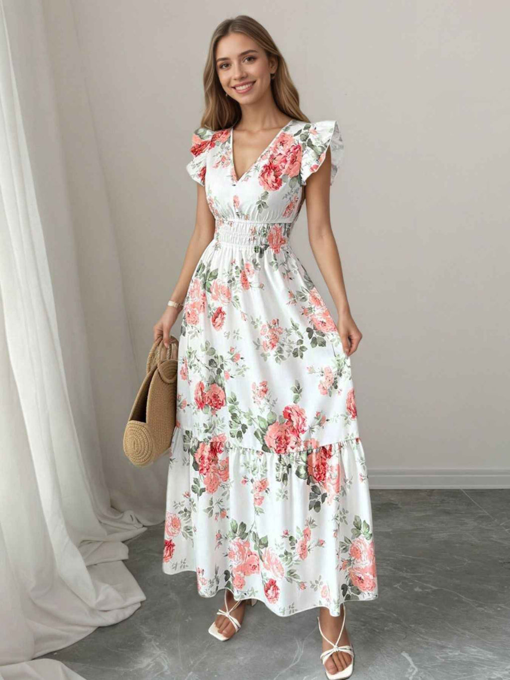 Floral Print Ruffle Sleeve Tiered Maxi Dress