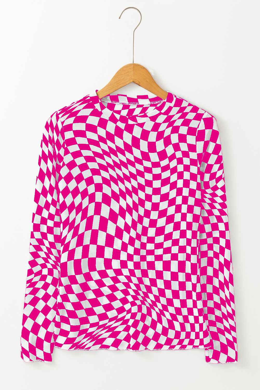 Rose Checkered Pattern Mesh Mock Neck Long Sleeve Top