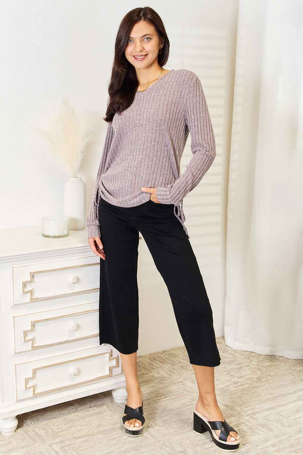 Double Take Drawstring Ribbed Long Sleeve T-Shirt