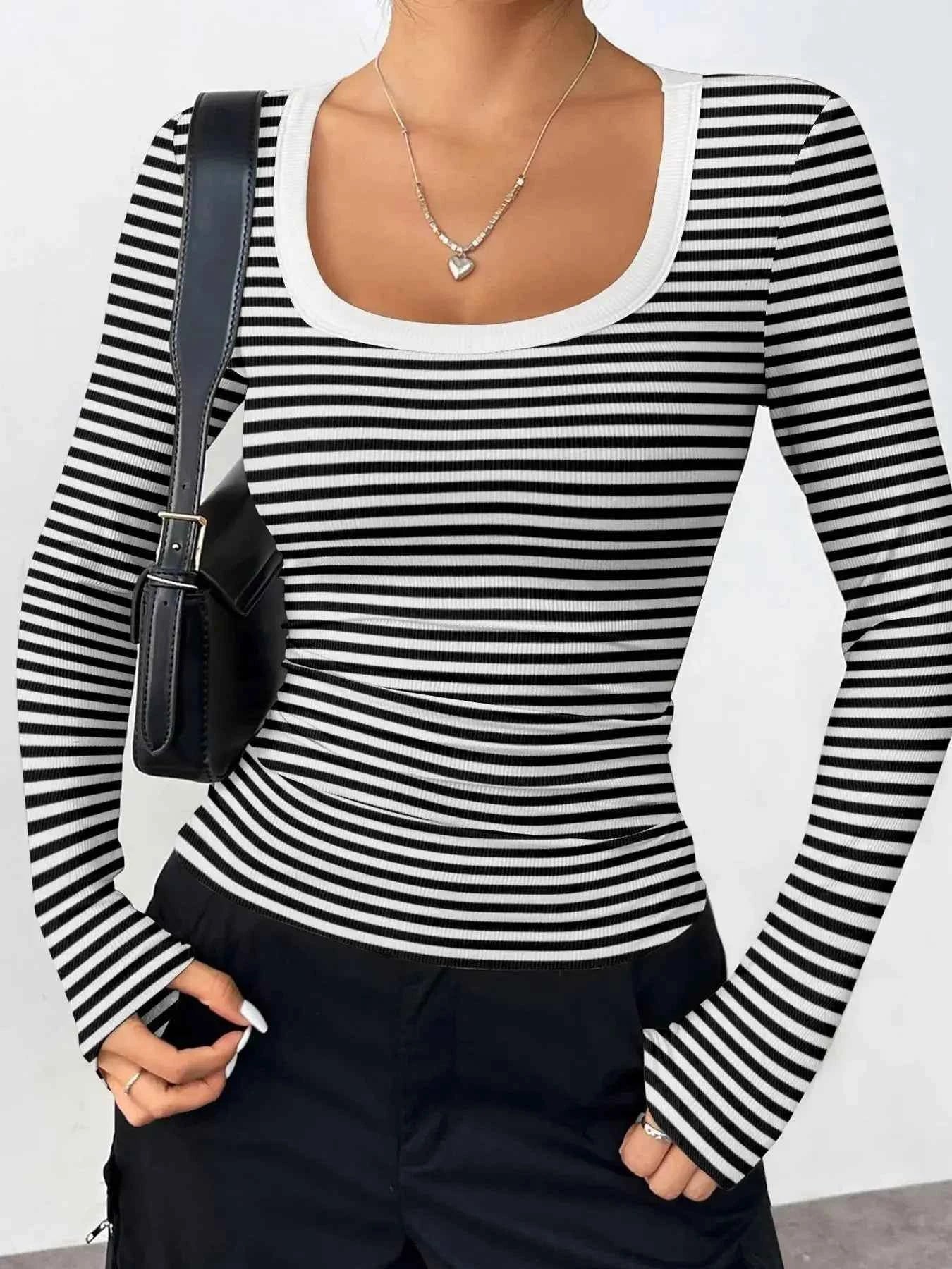 Striped Long Sleeve Scoop Neck T Shirt