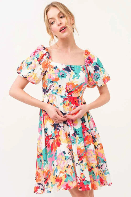 And The Why Square Neck Puff Sleeve Floral Dress by Wild and Free Boutique
