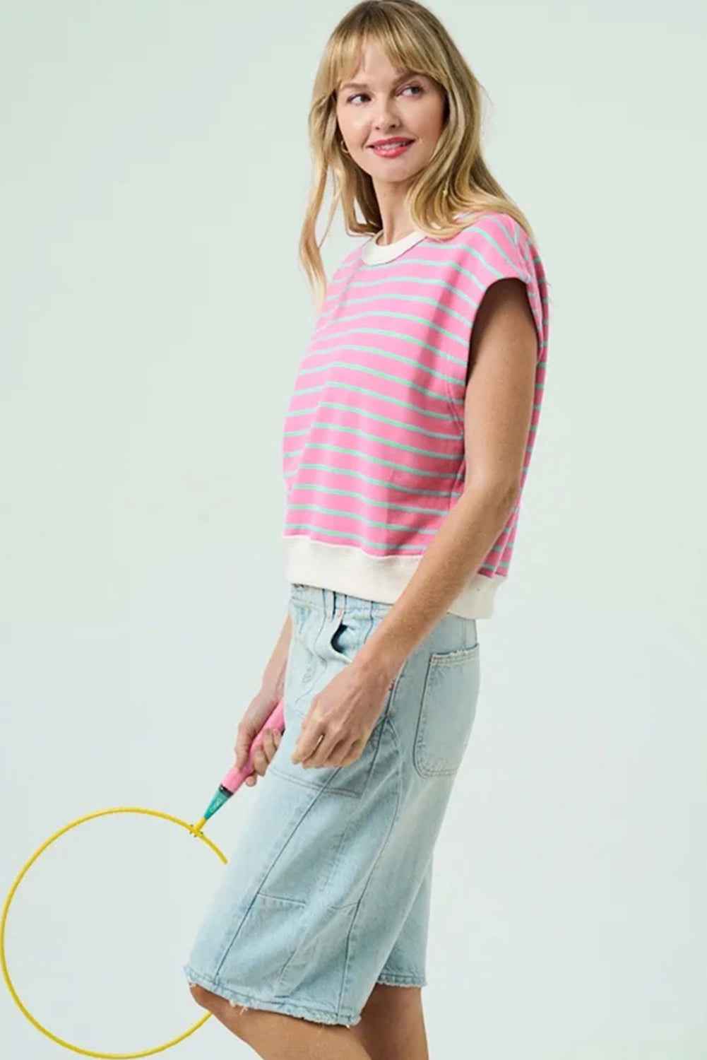 Sachet Pink Striped Crew Neck Cap Sleeve T Shirt