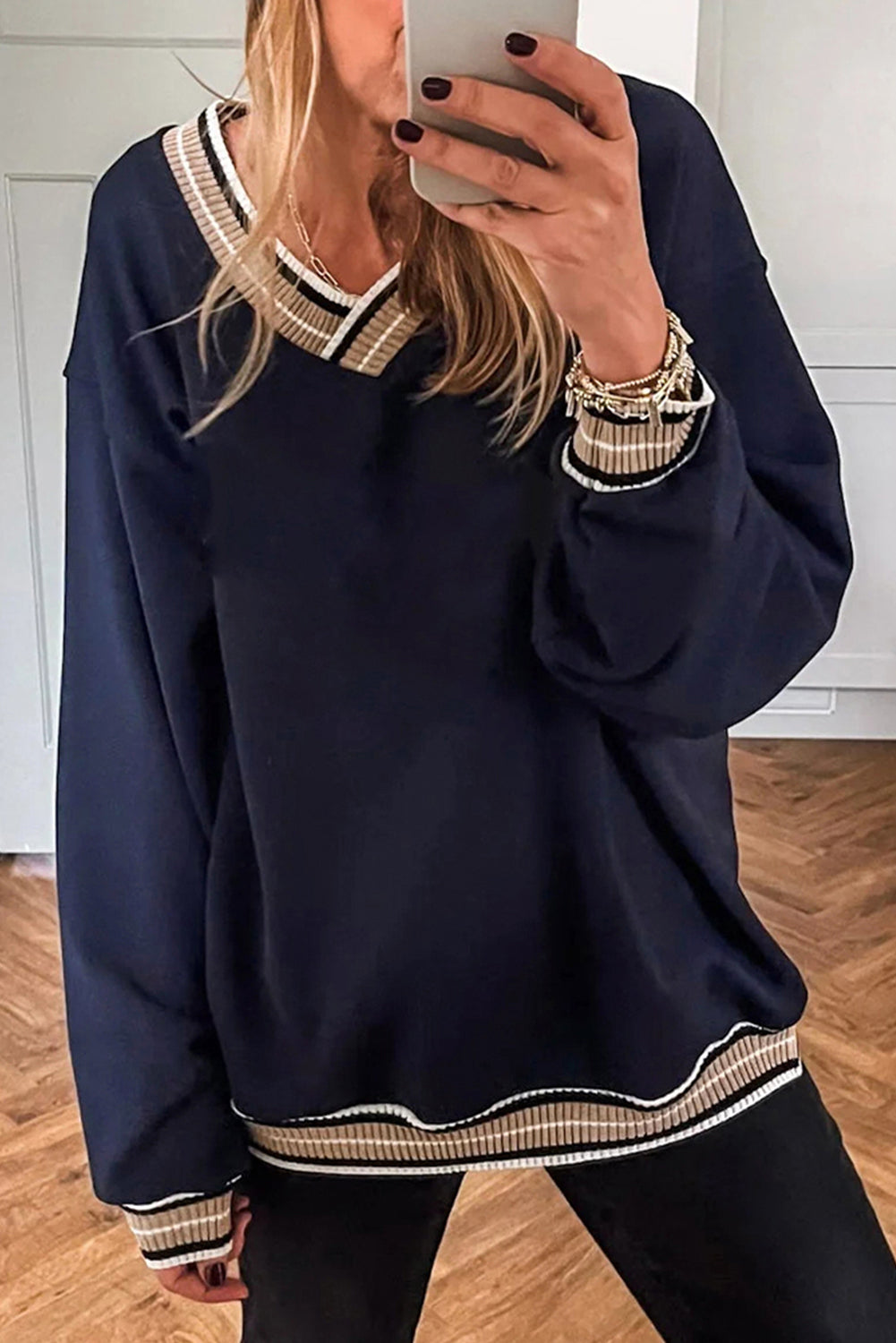 Gray Varsity Contrast Trim V Neck Sweatshirt