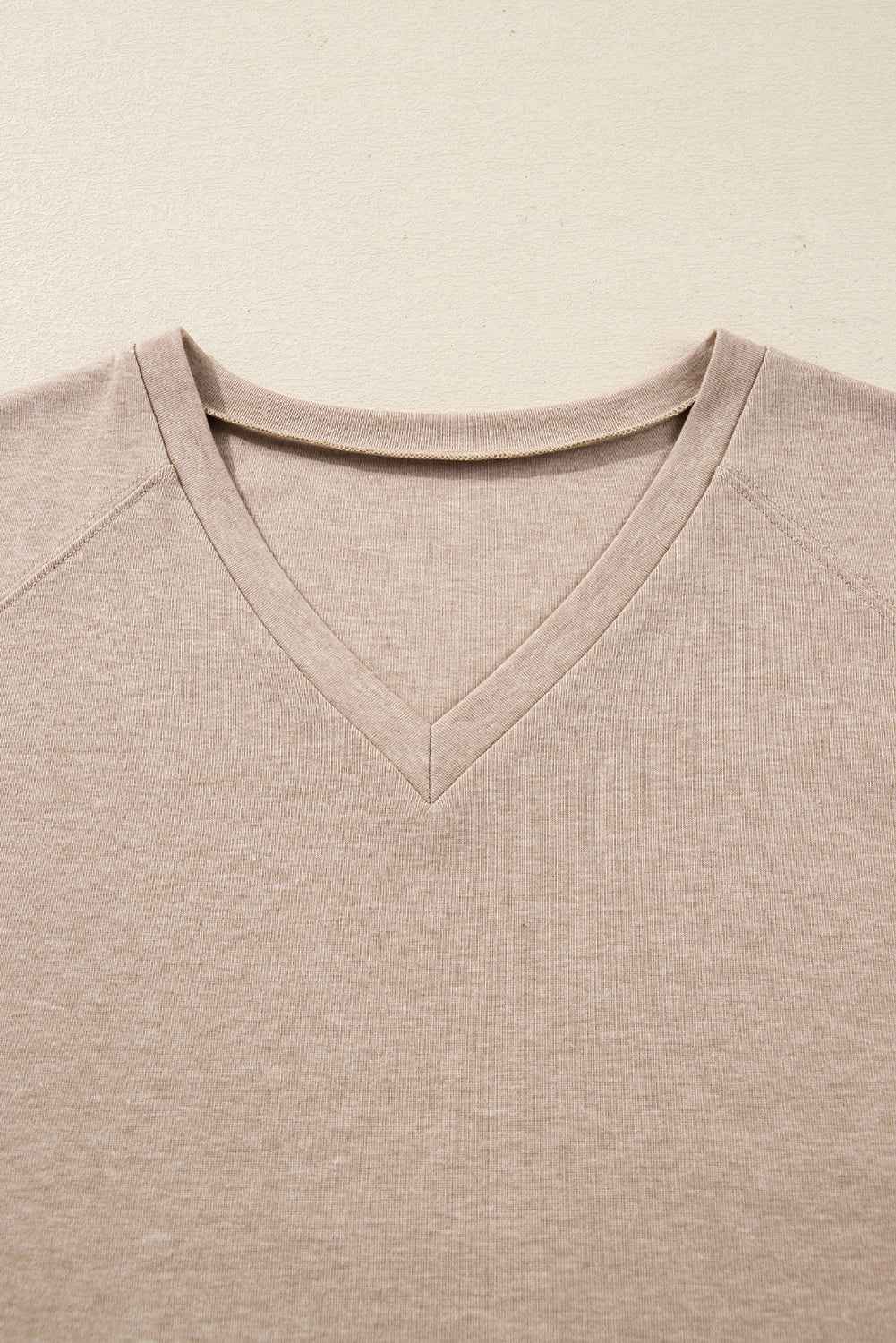 Oatmeal V Neck Contrast Lace Patchwork Long Sleeve Top