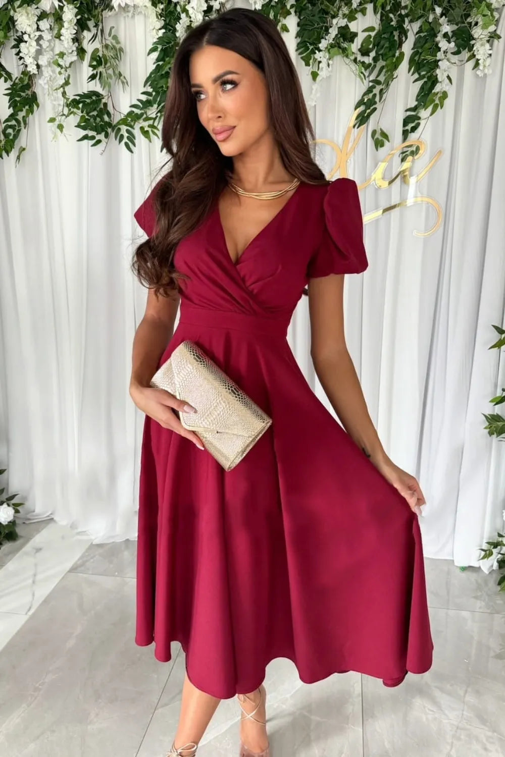 Surplice Puff Sleeve Midi Dress by Shopiebay