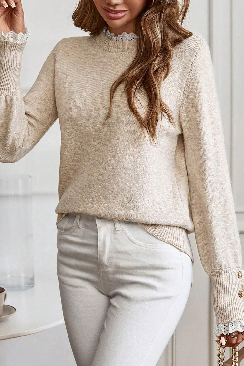 Racing Red Lace Trim Patchwork Buttoned Cuffs Loose Sweater