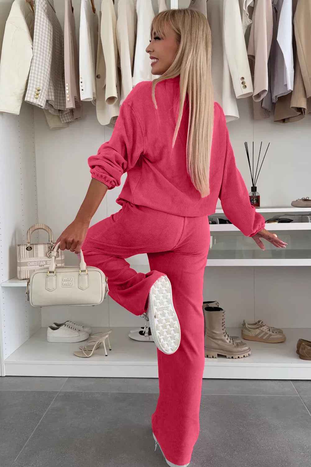 Peach Blossom Half Button Pullover Drawstring Pants Corduroy Set