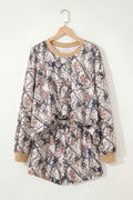 Khaki Woodland Camo Print Long Sleeve Top Casual Short Set