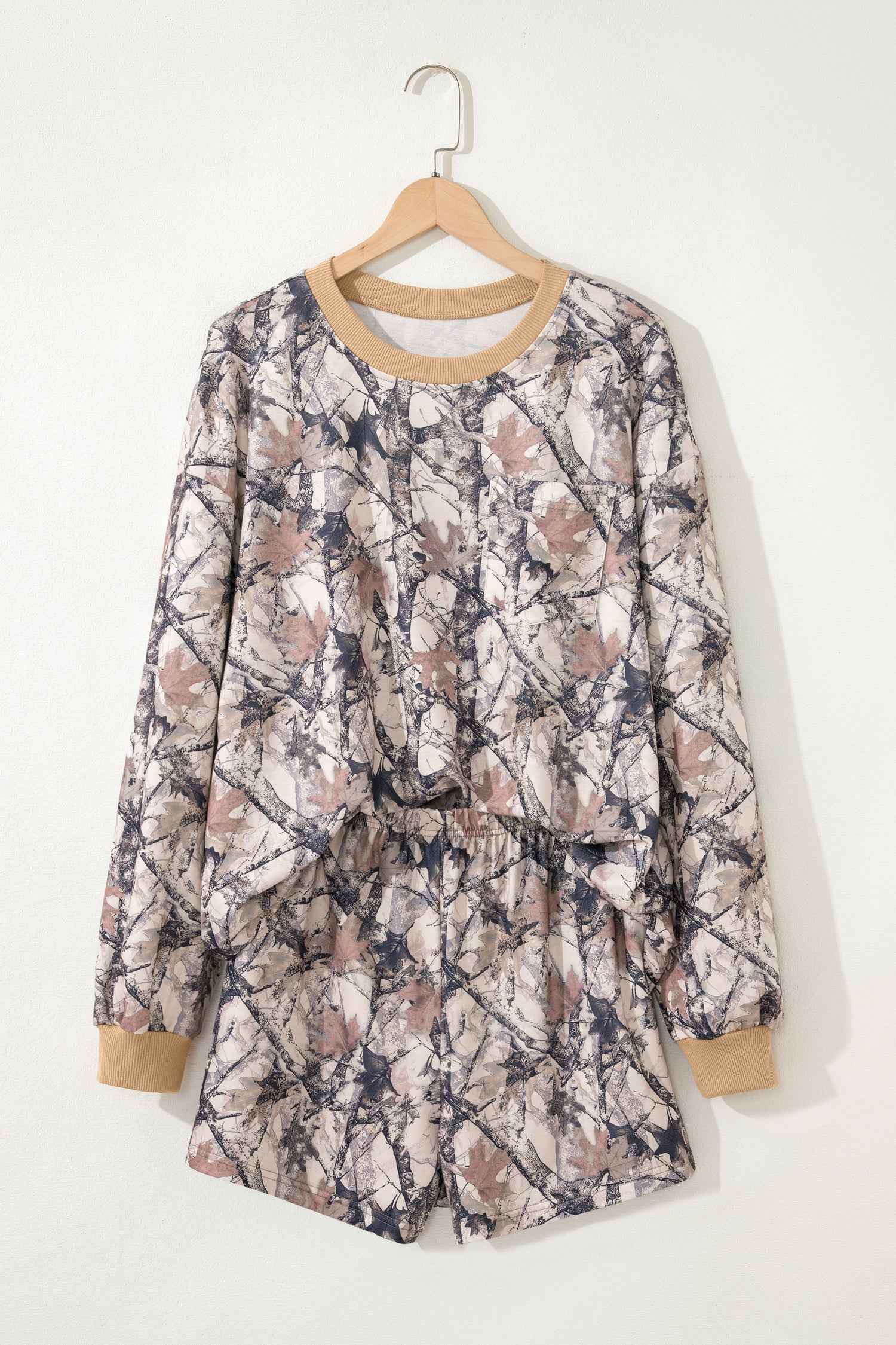 Khaki Woodland Camo Print Long Sleeve Top Casual Short Set