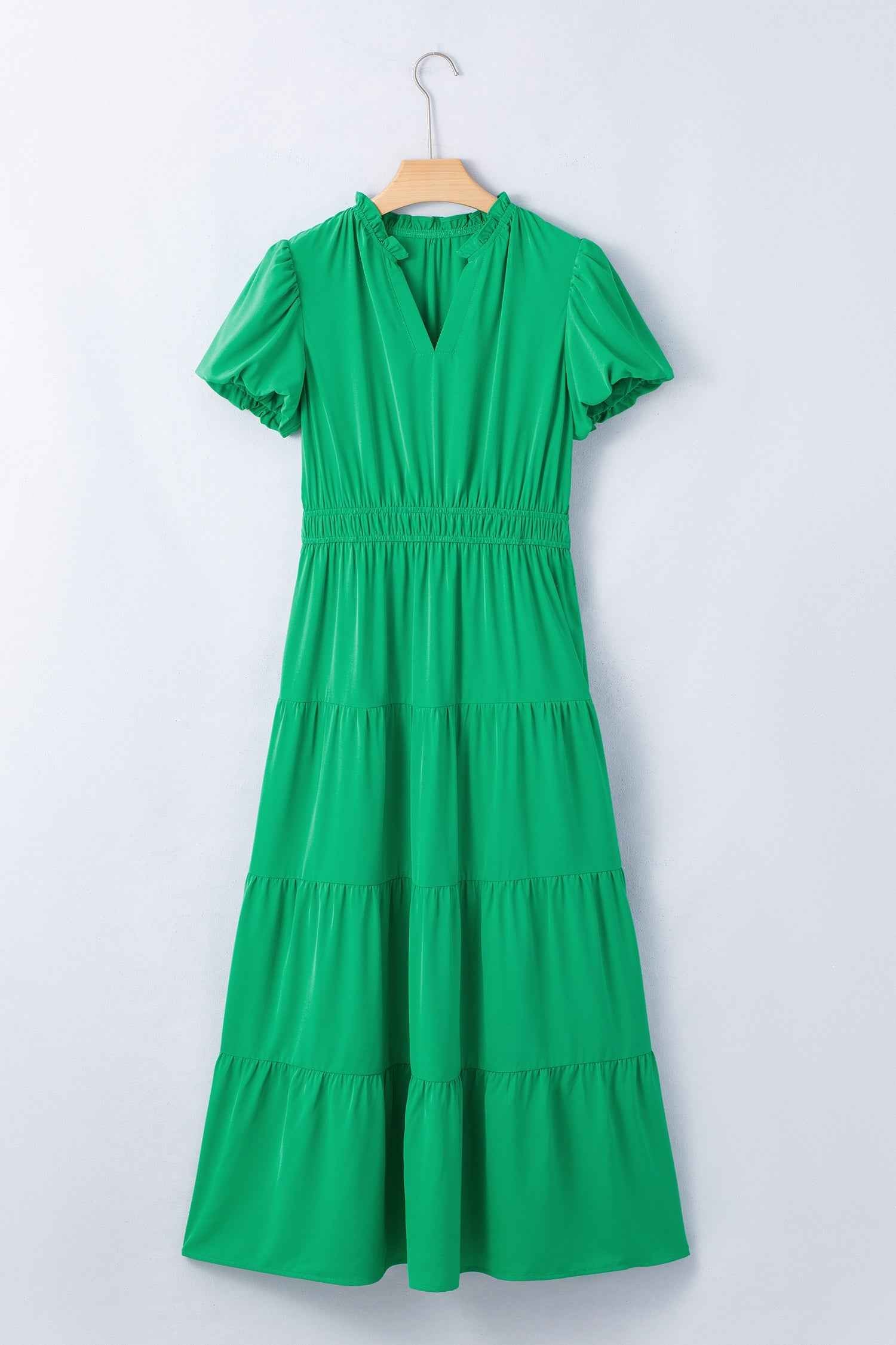 Bright Green Solid Color V Neck Short Puff Sleeve High Waist Tiered Maxi Dress