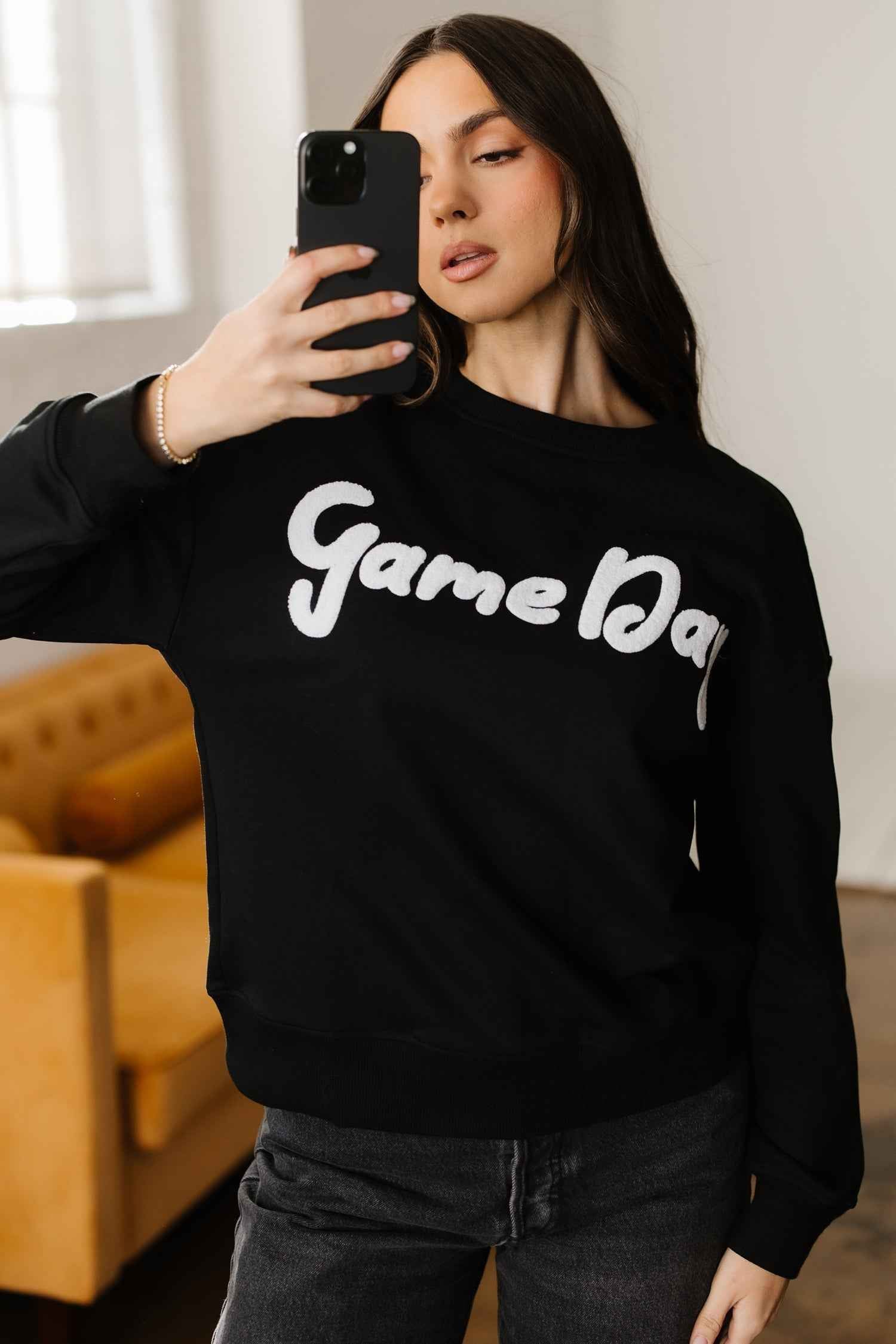 Black Chenille Game Day Graphic Drop Shoulder Sweatshirt