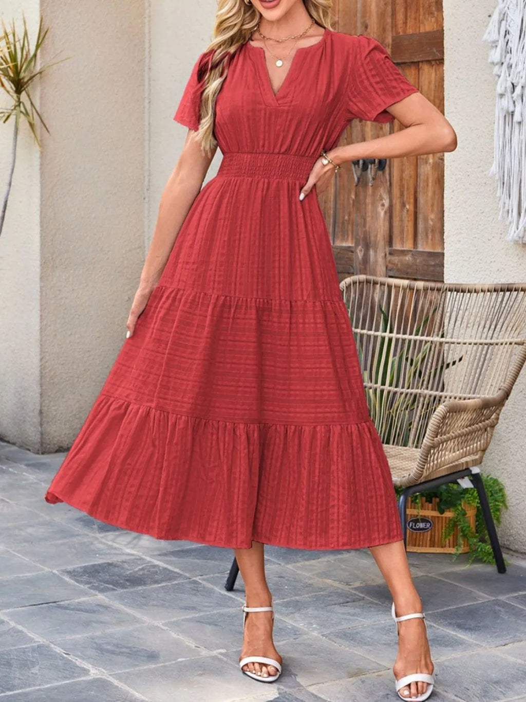 Tiered Notched Short Sleeve Dress by Shopiebay