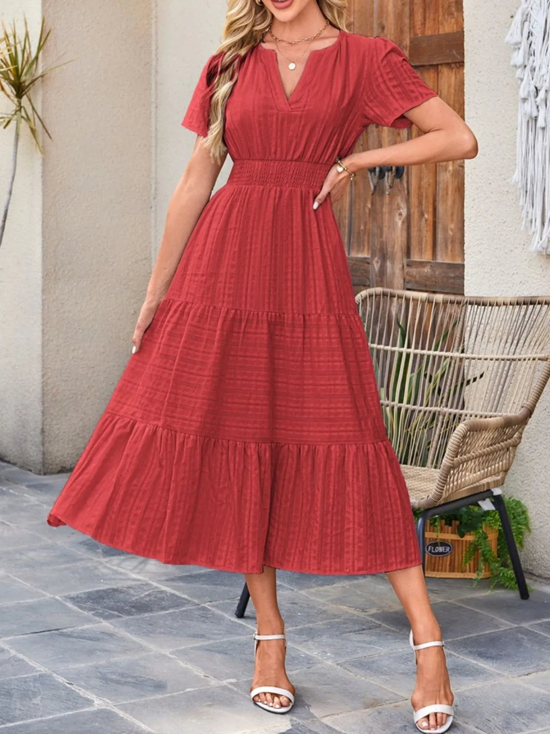 Tiered Notched Short Sleeve Dress by Shopiebay