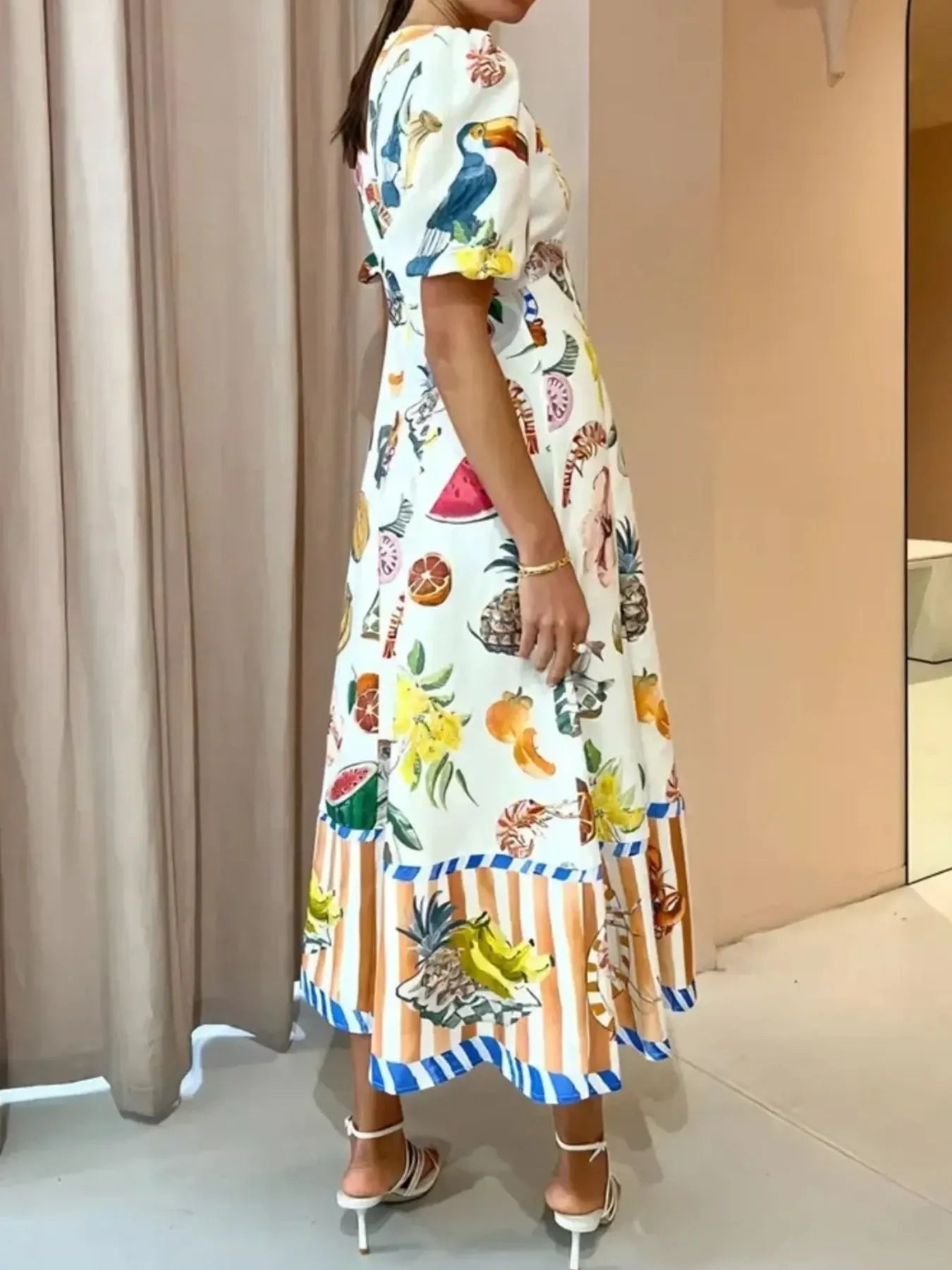 Printed Round Neck Puff Sleeve Dress by Shopiebay