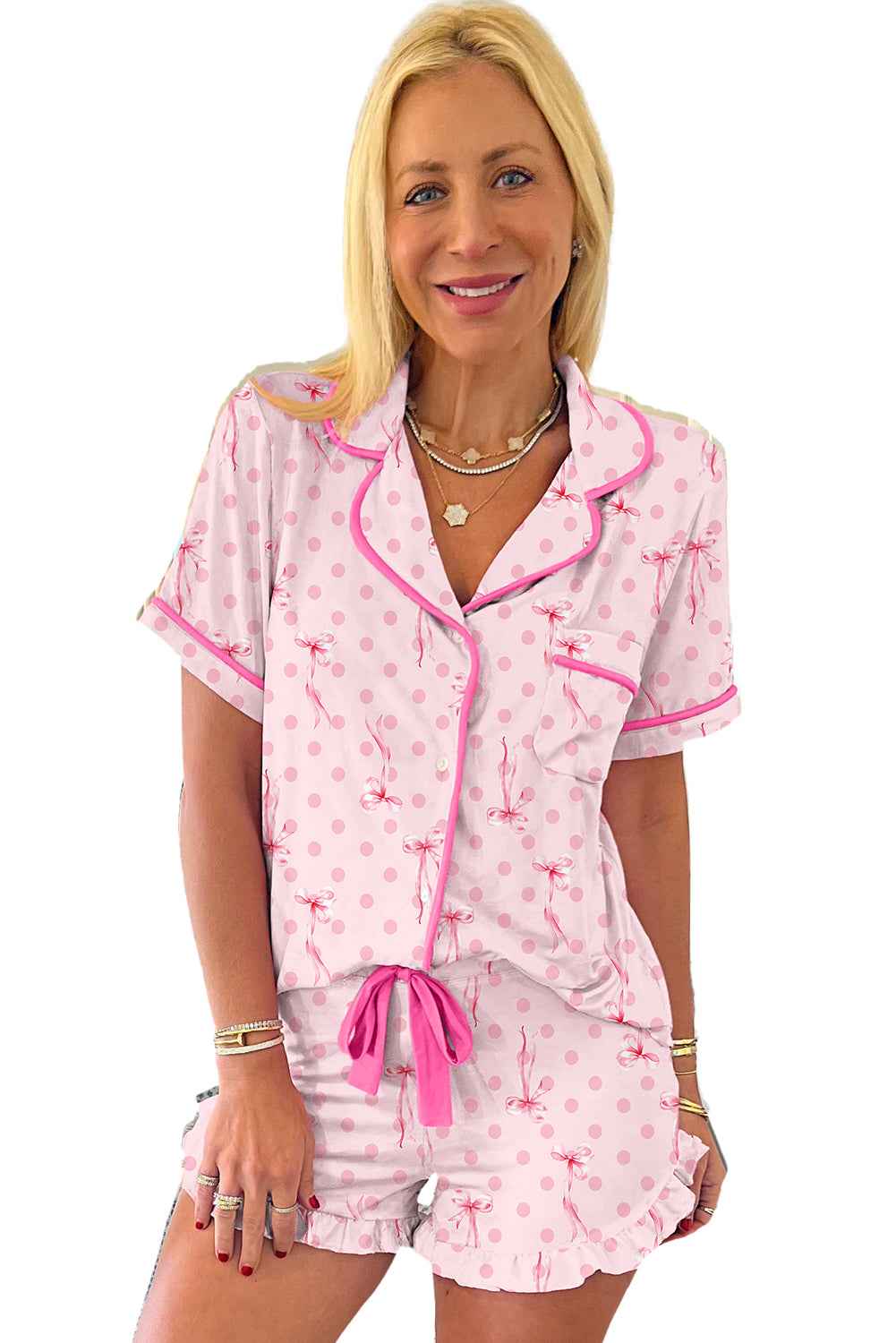 Pink Polka Dot and Bow Print Ruffle Hem Shorts Pajama Set