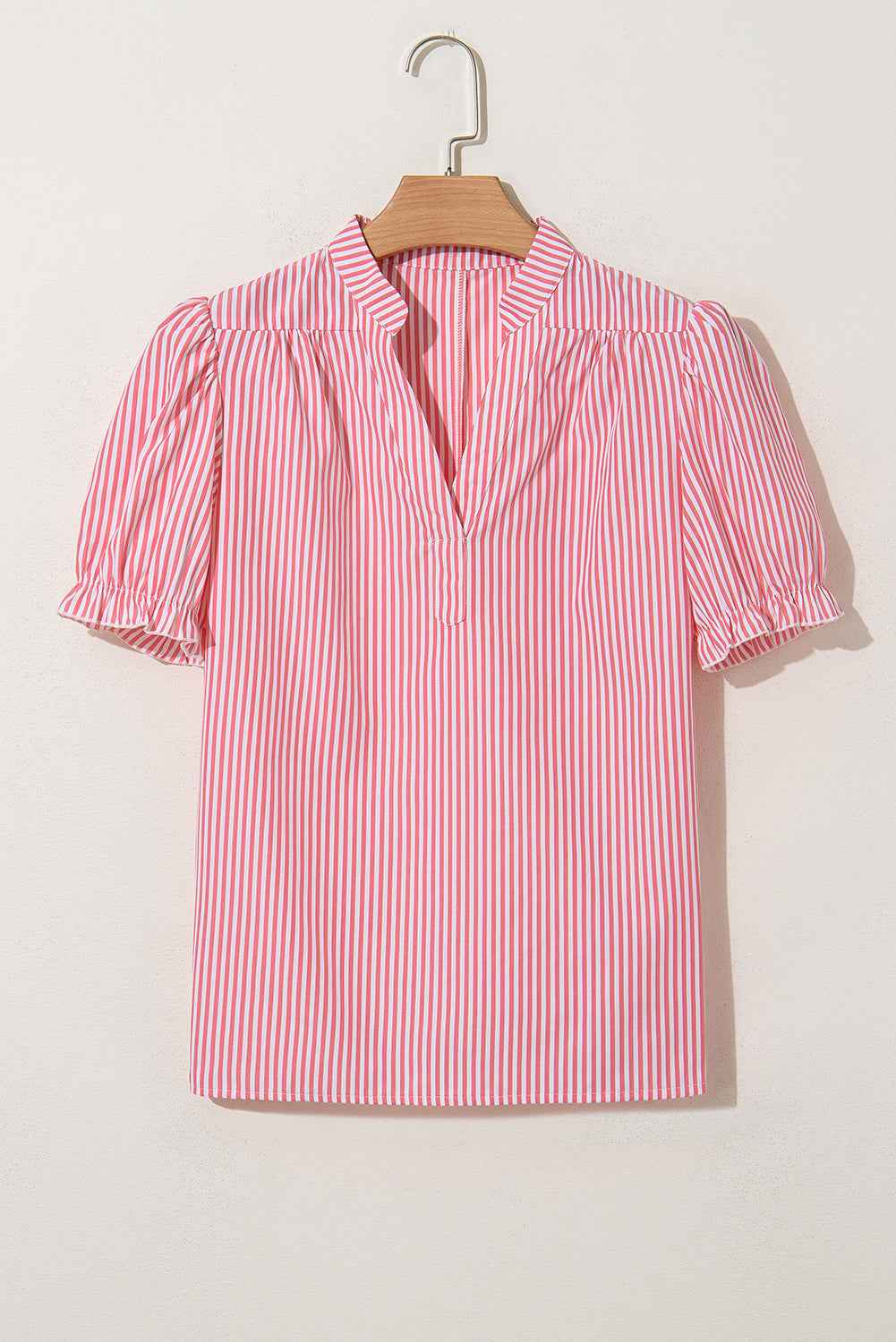 Pink Striped V Neck Puff Sleeve Blouse