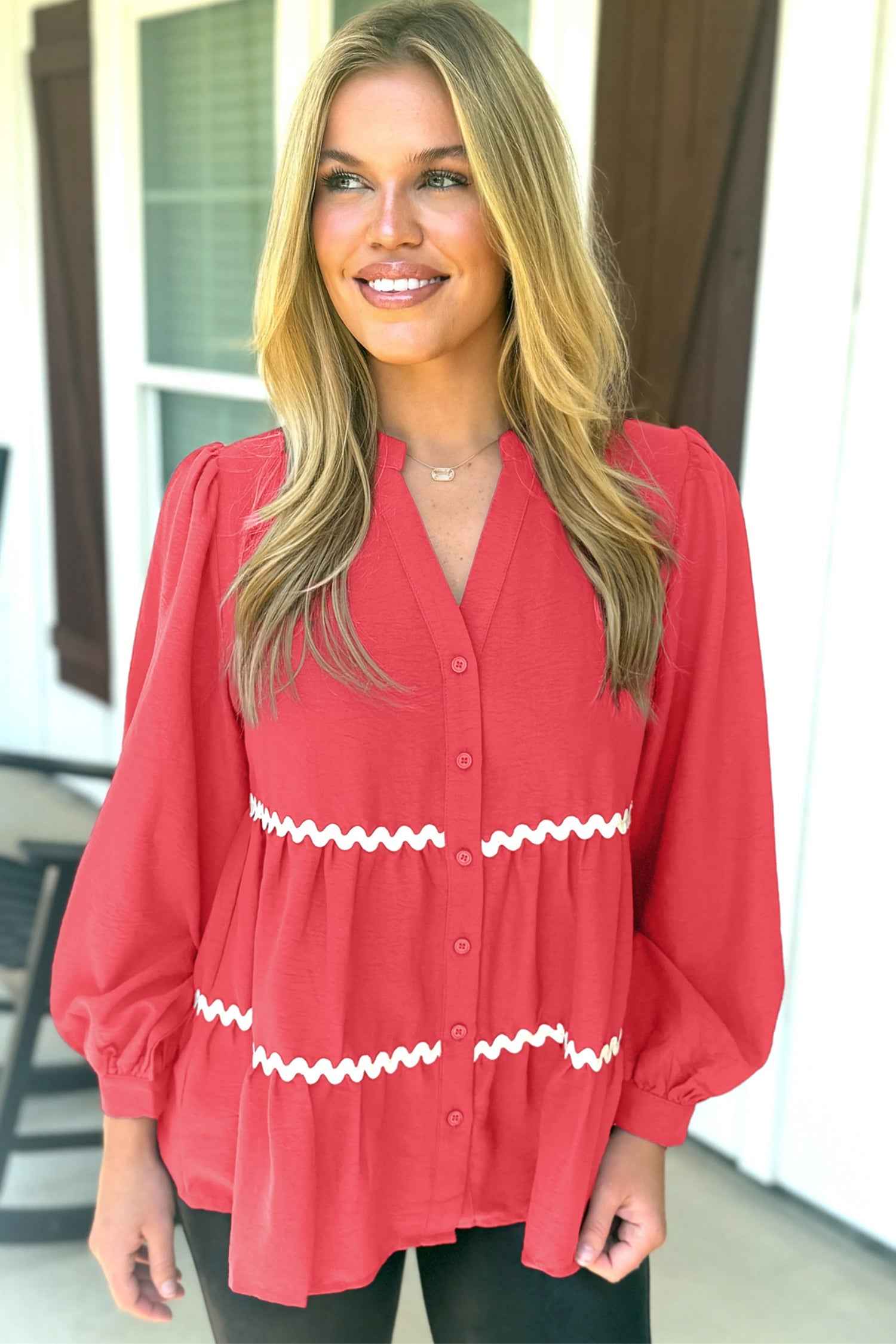 Coral Contrast Ricrac Trim V Neck Button Down Long Sleeve Shirt