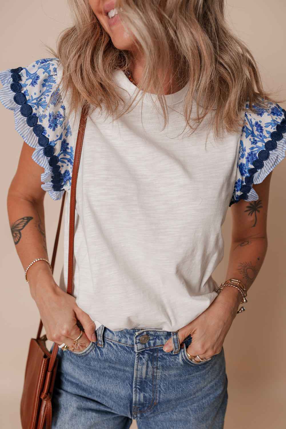 Rose Floral Striped Patchwork Flutter Sleeve Blouse