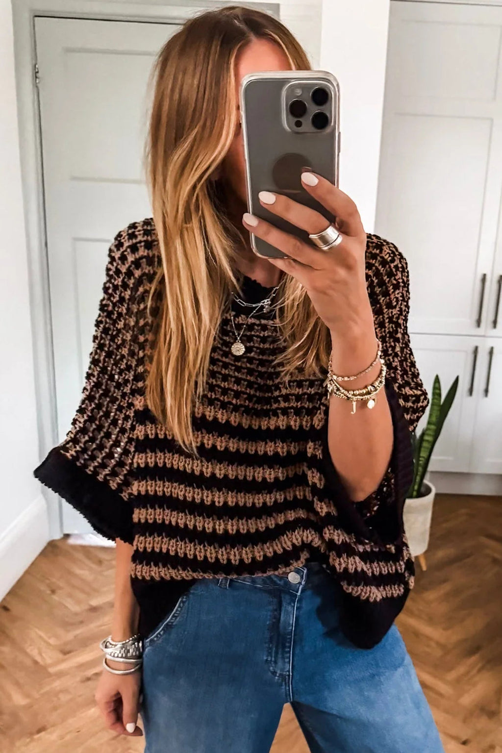 Red Stripe 3/4 Draped Sleeve Slouchy Sweater