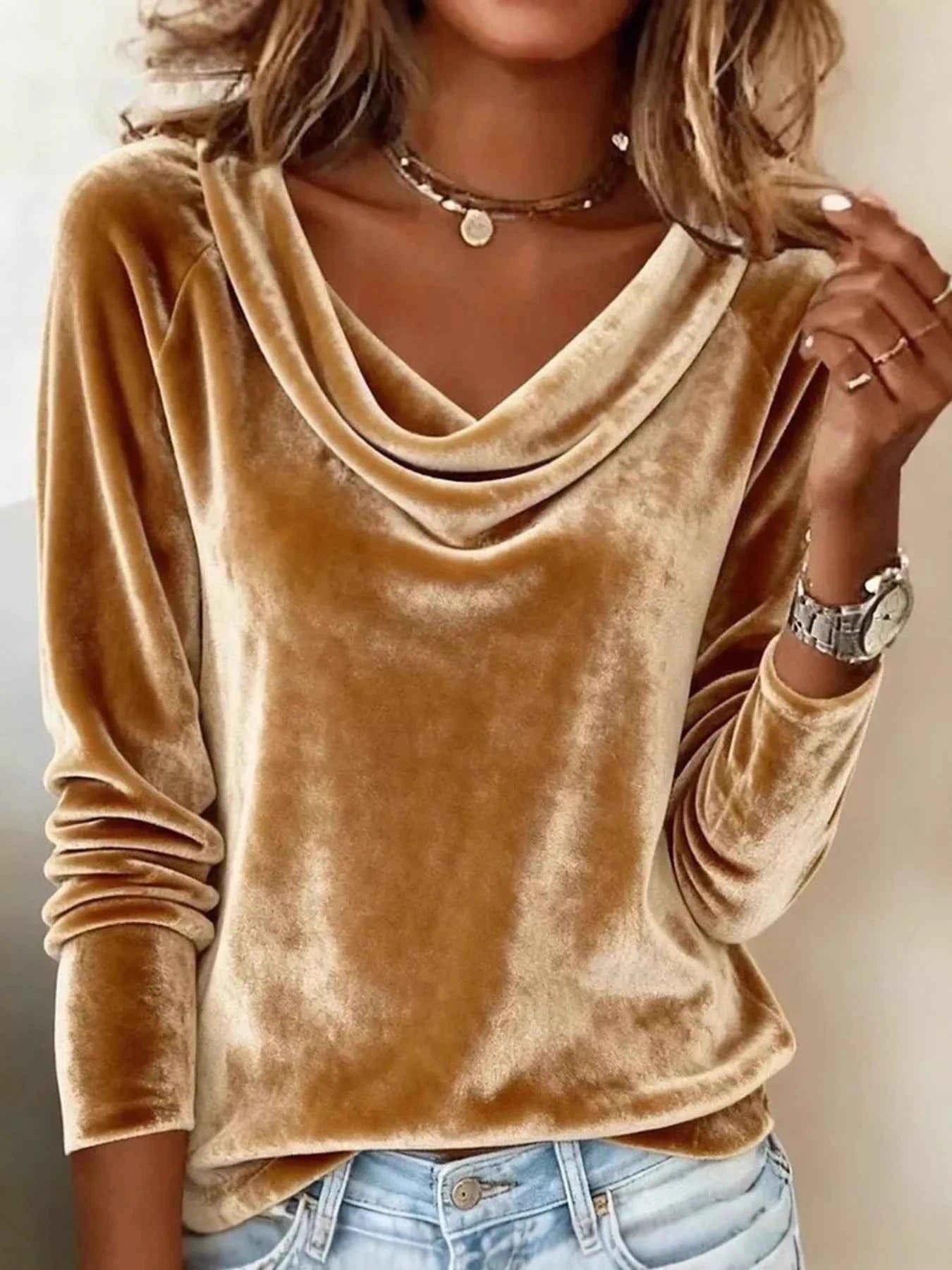 Velvet Cowl Neck Long Sleeve Top