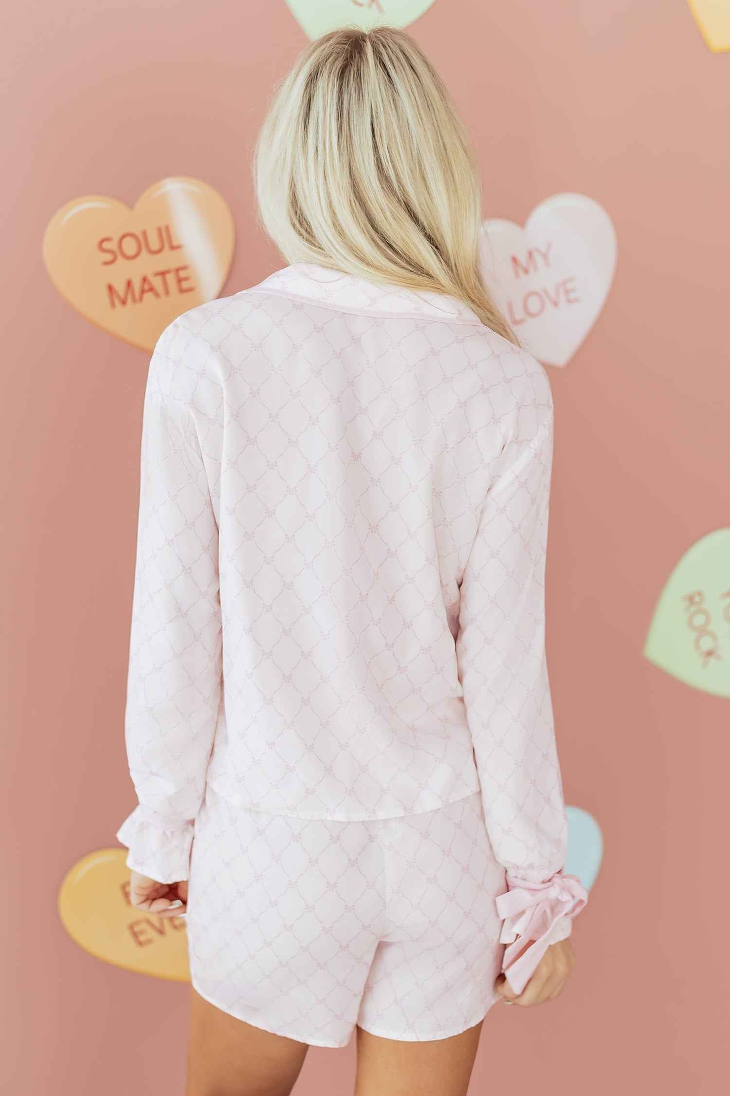 Pink Bow Lattice Print Bow Ties 2pcs Pajama Set
