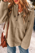 Pale Khaki Fleece Zip Up Drawstring Hooded Pocketed Jacket