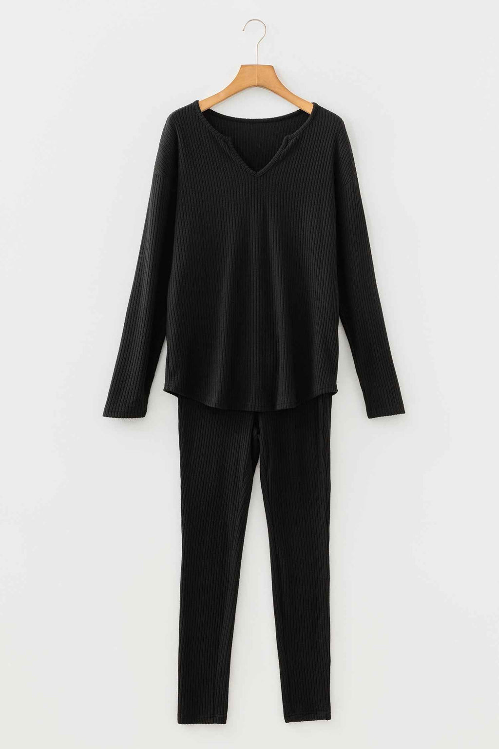 Black Ribbed Notched Neck Knit Long Sleeve Leggings Two Pieces Lounge Set