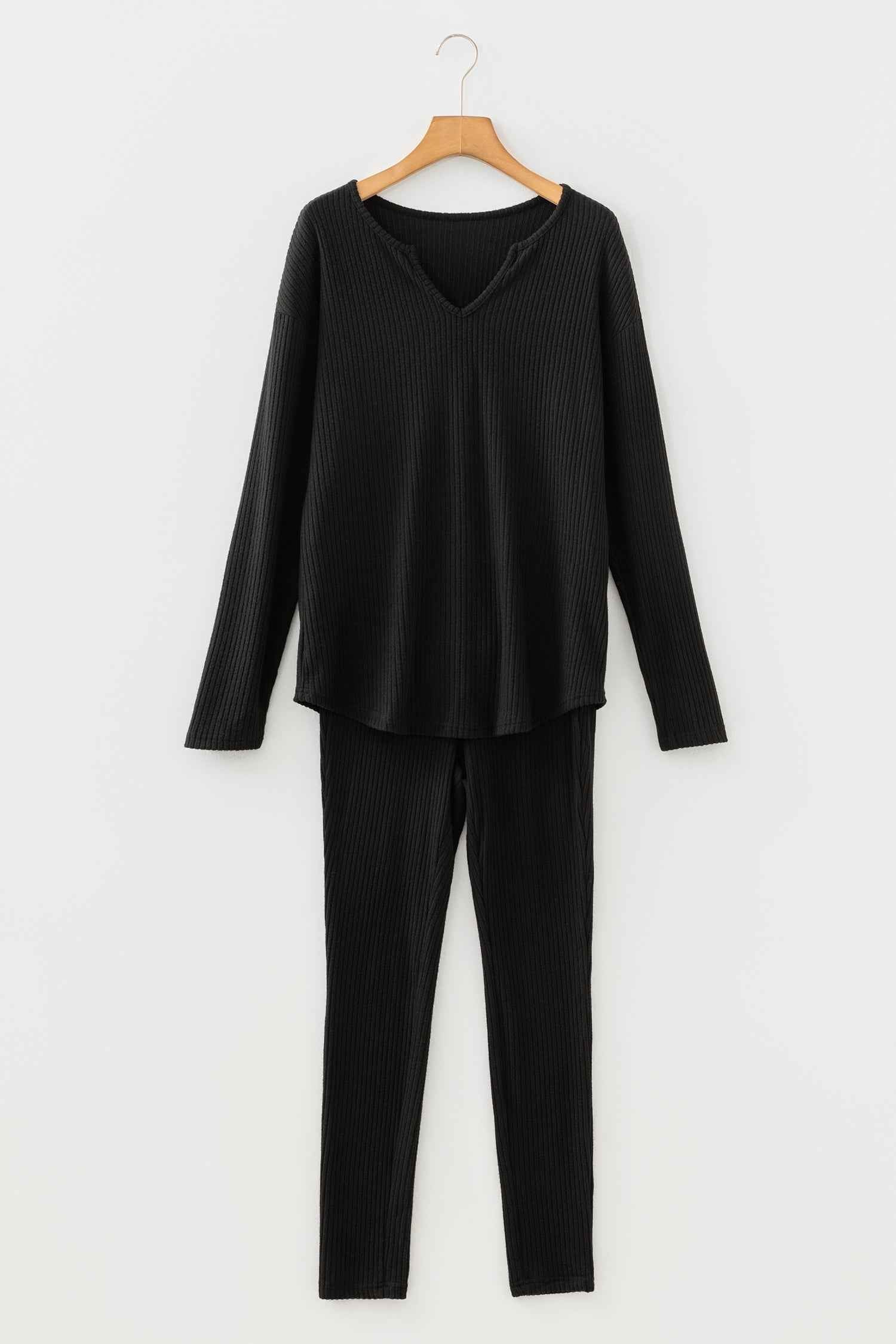 Black Ribbed Notched Neck Knit Long Sleeve Leggings Two Pieces Lounge Set