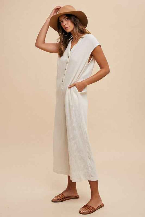 Annie Wear Button Detail Wide Leg Jumpsuit with Pockets by Wild and Free Boutique