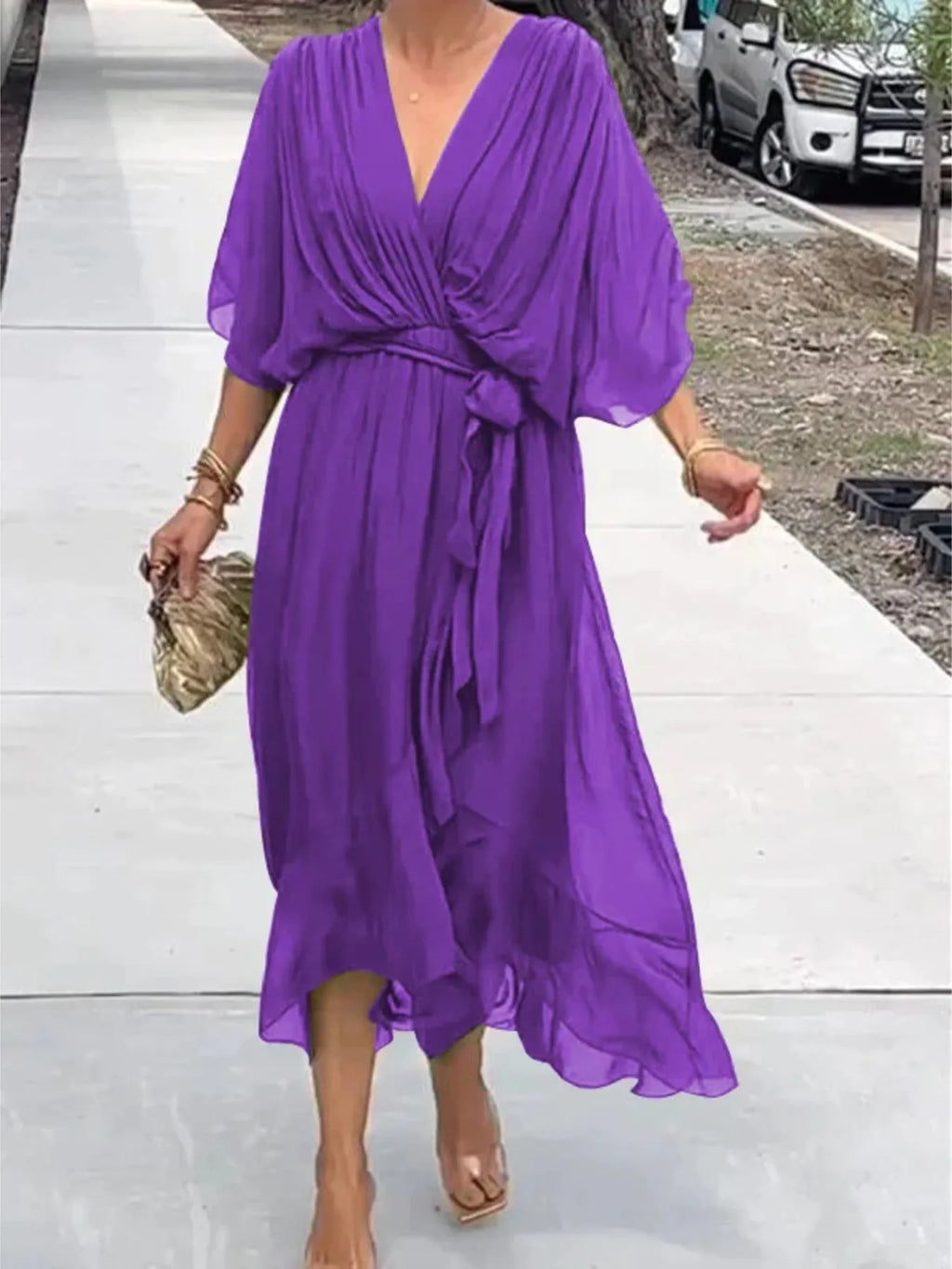 Flowy Tie Front Midi Dress with Flutter Sleeves by Shopiebay