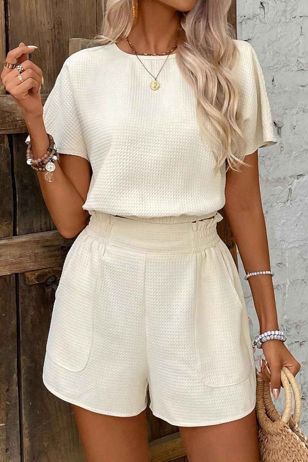 Beige Solid Textured Top and Shorts Set