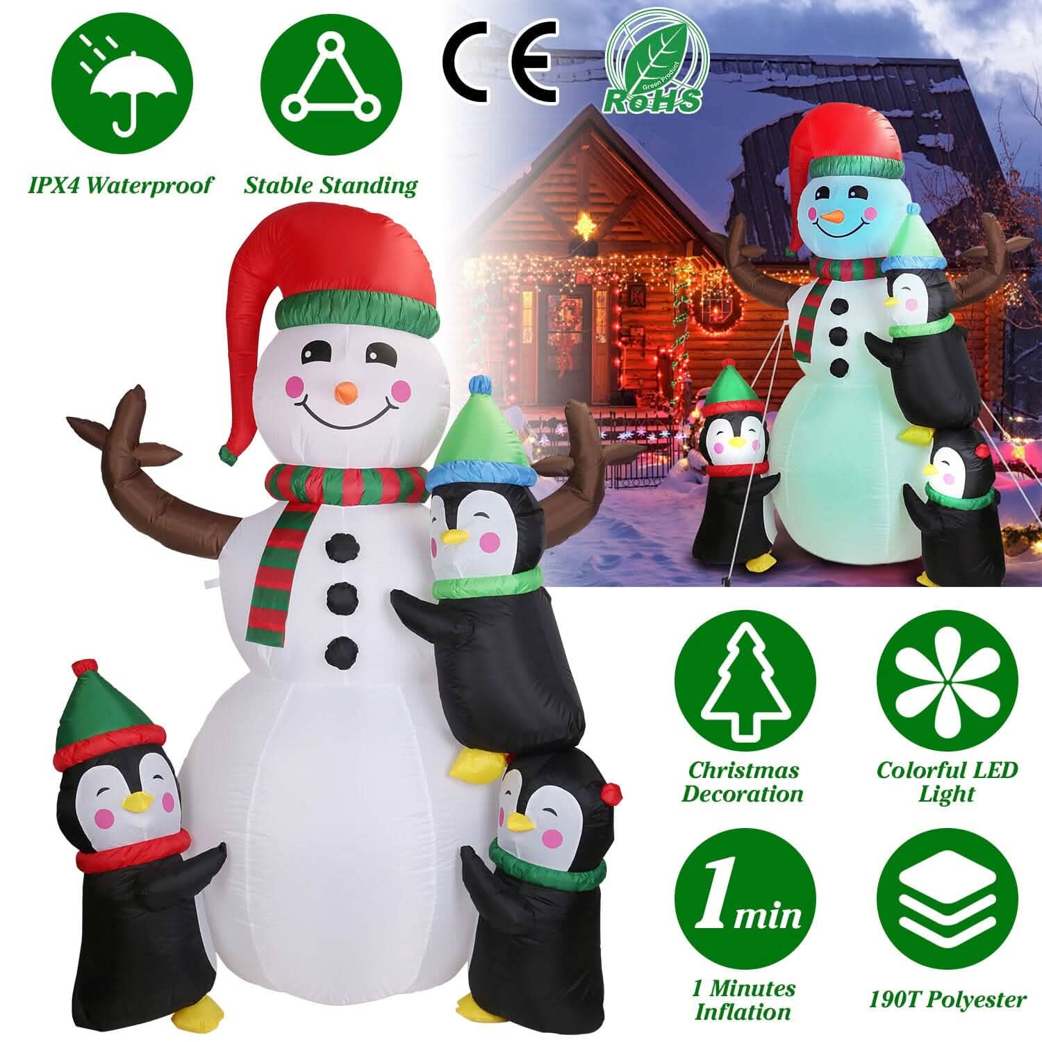 5.9Ft Snowman and Penguin Blow Up Yard Decoration with LED Light Built-in Air Blower by DailySale