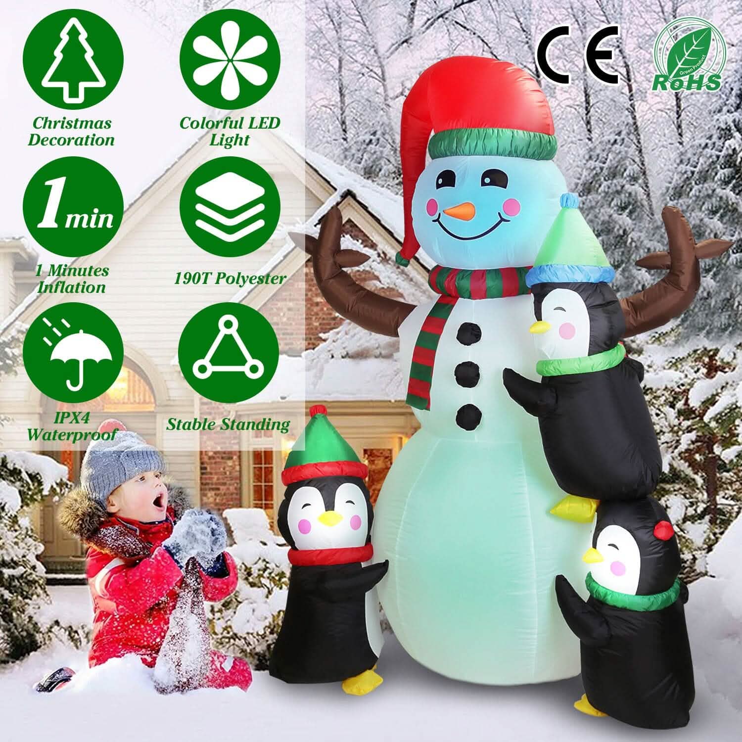 5.9Ft Snowman and Penguin Blow Up Yard Decoration with LED Light Built-in Air Blower by DailySale
