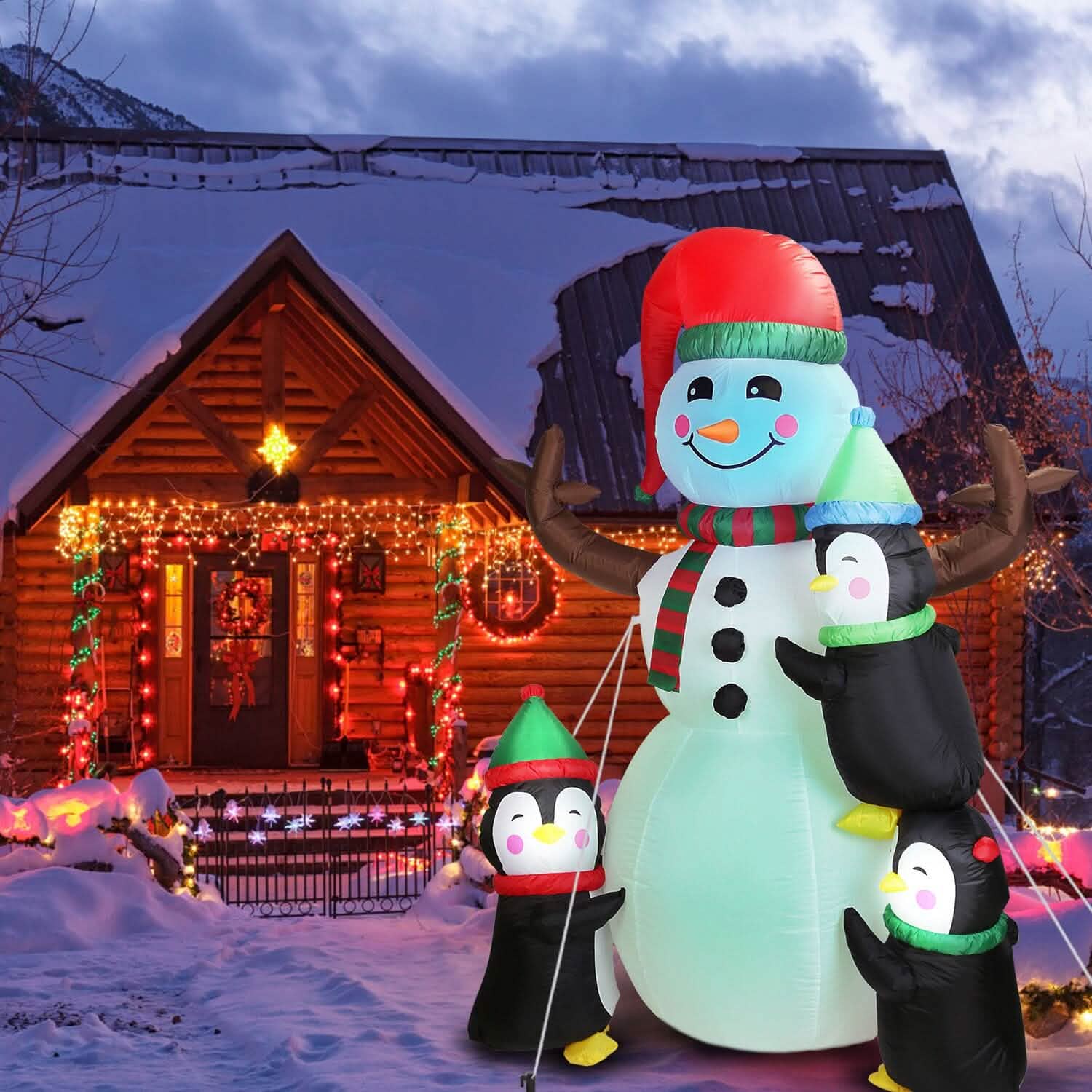 5.9Ft Snowman and Penguin Blow Up Yard Decoration with LED Light Built-in Air Blower by DailySale