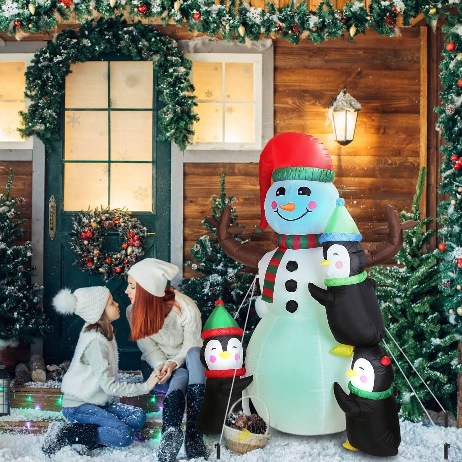 5.9Ft Snowman and Penguin Blow Up Yard Decoration with LED Light Built-in Air Blower by DailySale