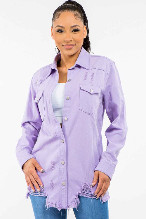 American Bazi Frayed Hem Distressed Denim Jacket by Wild and Free Boutique