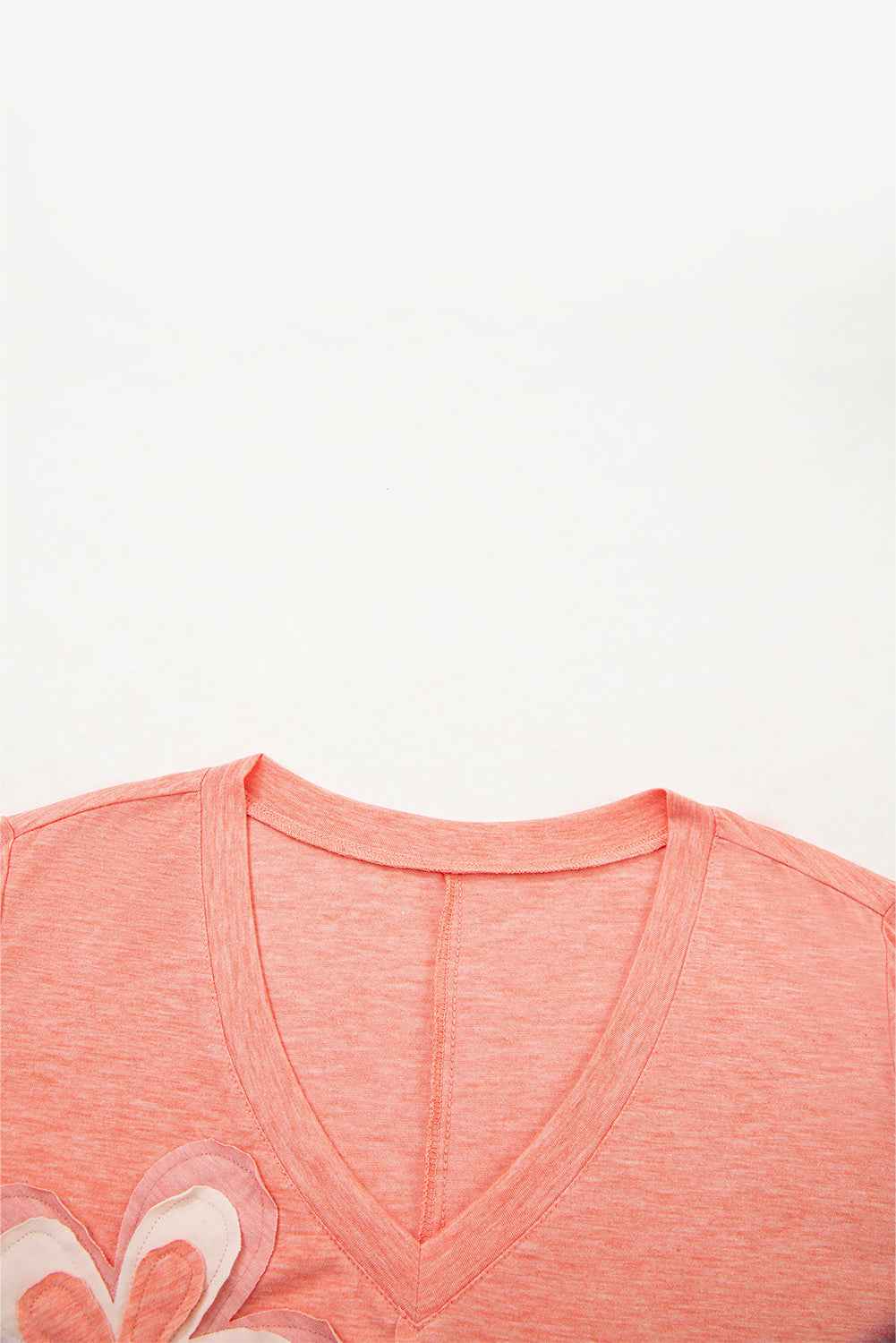 Fresh Salmon Floral Patched V Neck Long Sleeve Top