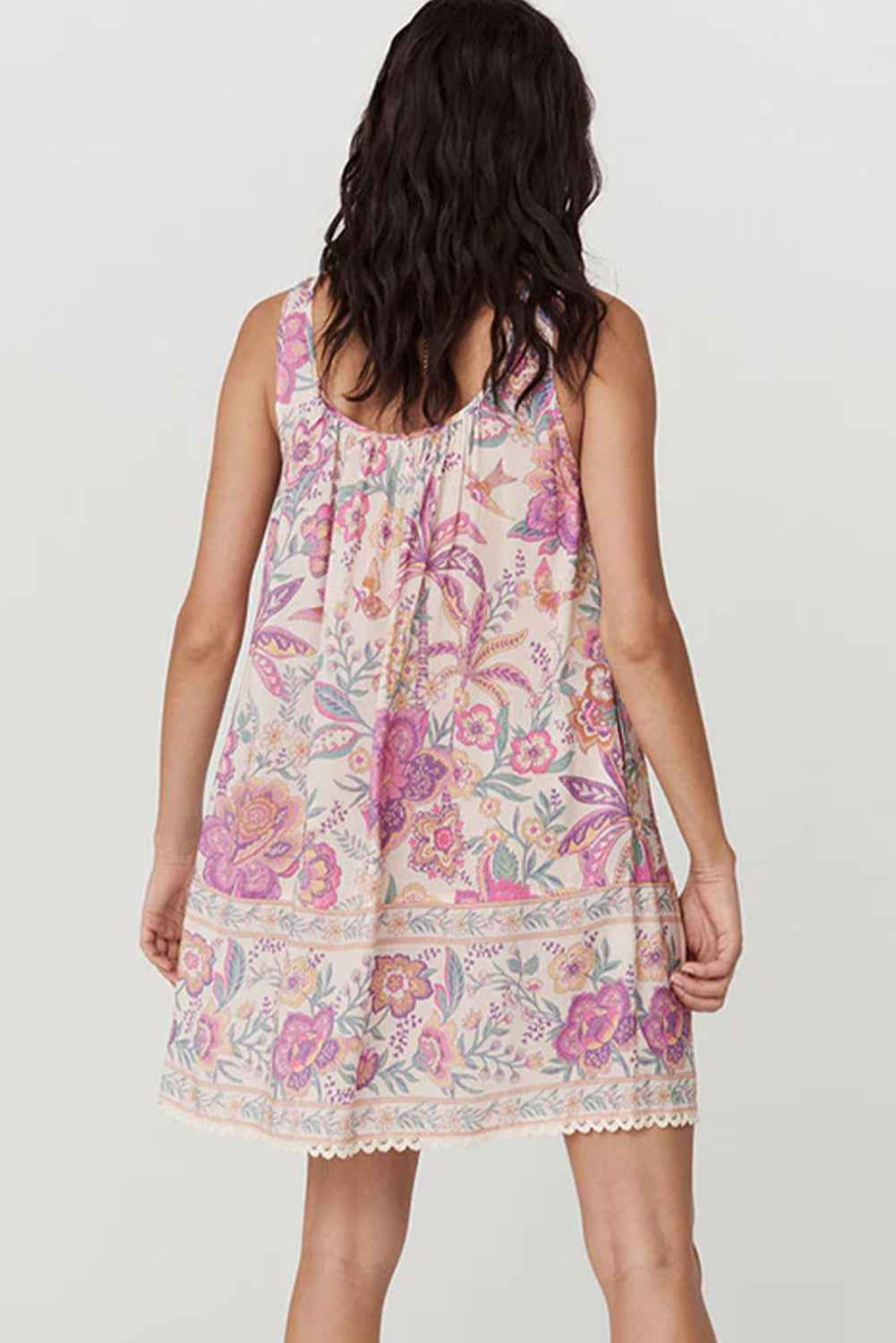 Multicolour Floral Print Fringed Tie U Neck Sleeveless Mini Dress