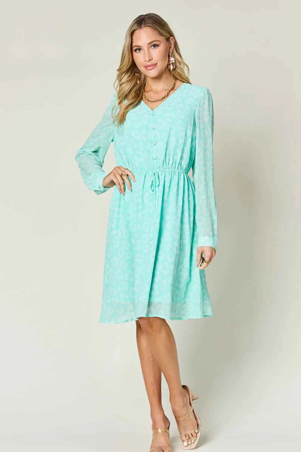 Double Take Full Size Printed Ruched V-Neck Long Sleeve Dress