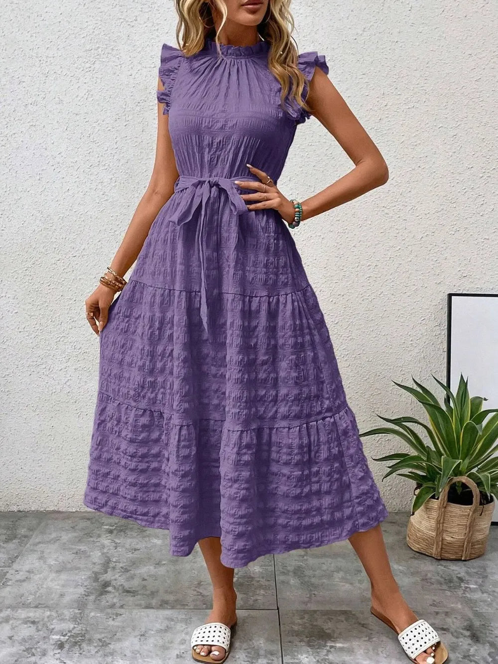 Tied Ruffled Cap Sleeve Midi Dress by Shopiebay