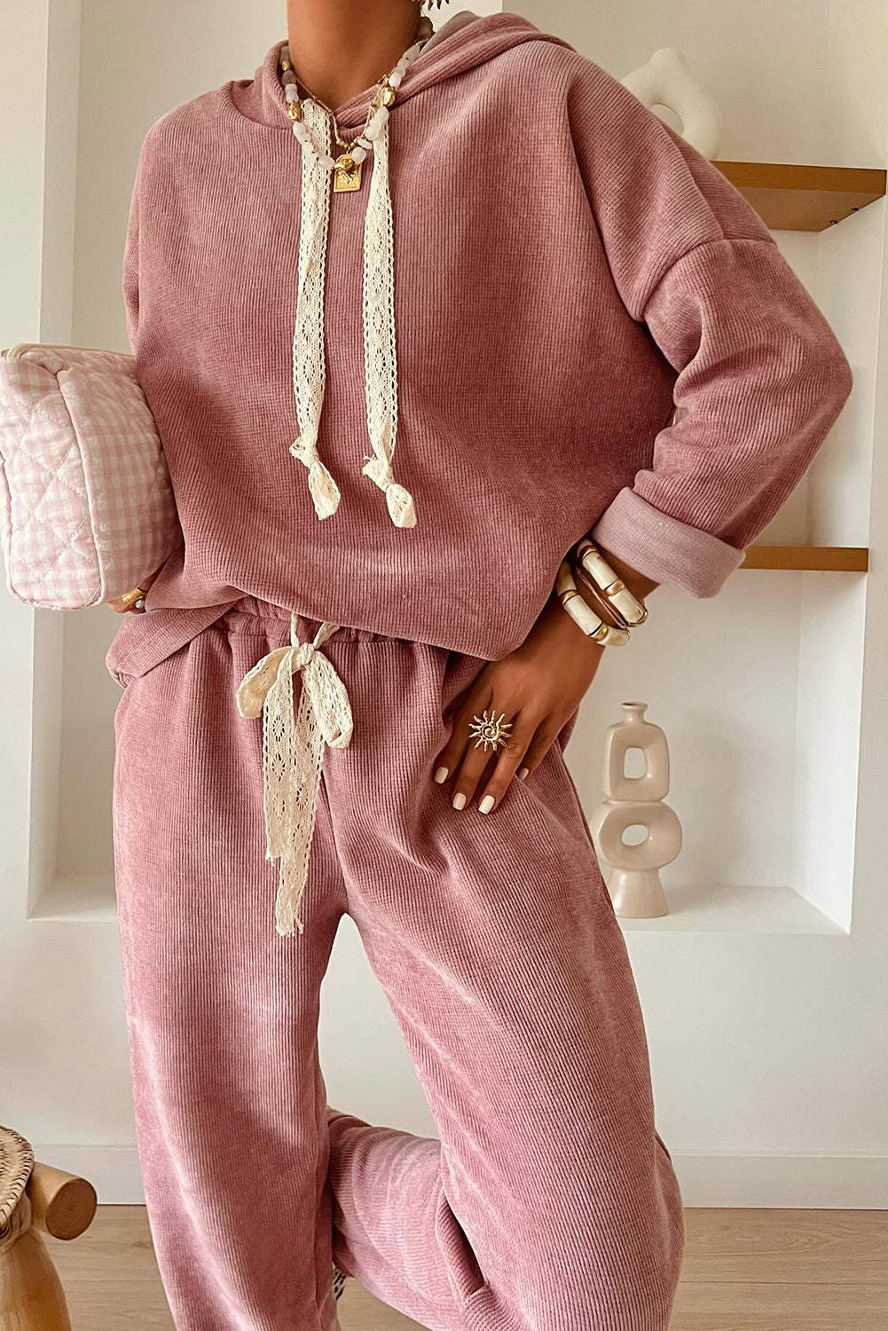 Smoke Gray Drawstring Pullover Hoodie and High Waist Pants Corduroy Suit