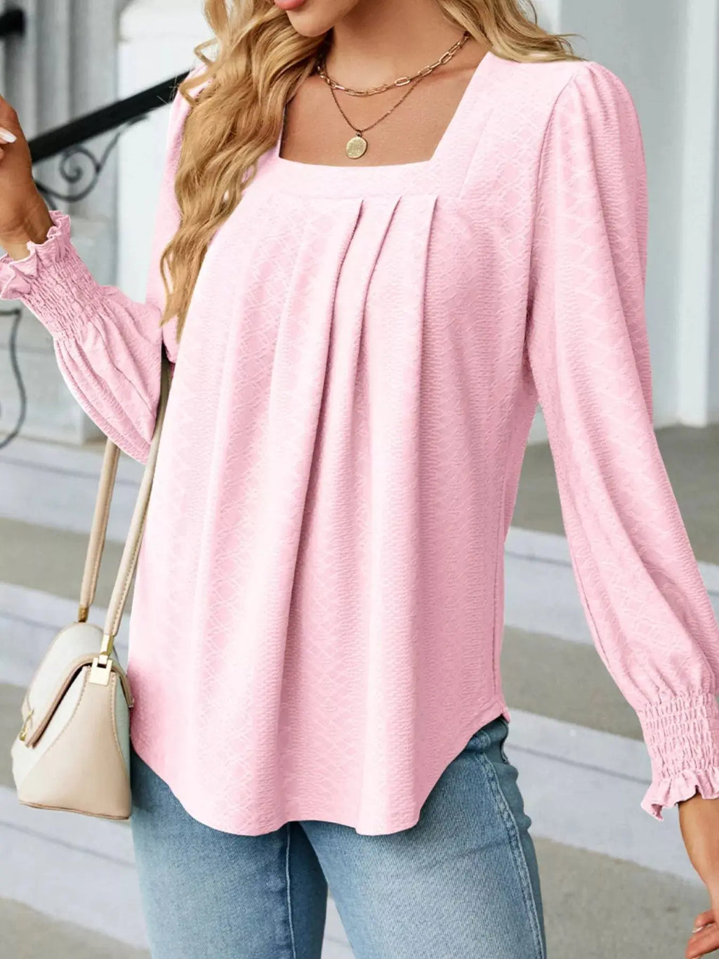 Pleated Square Neck Long Sleeve Top
