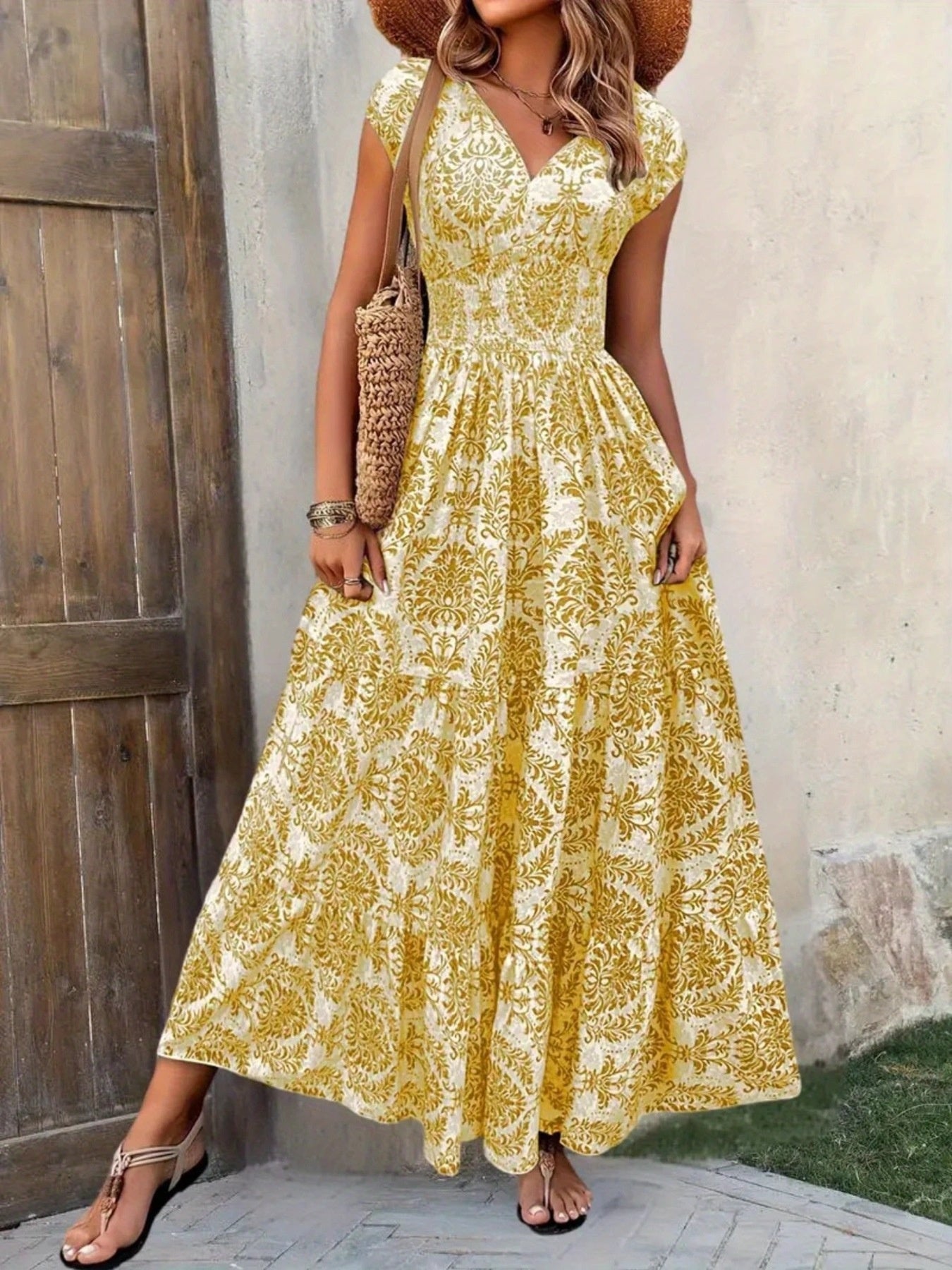 Printed Cap Sleeve Maxi Dress by Shopiebay