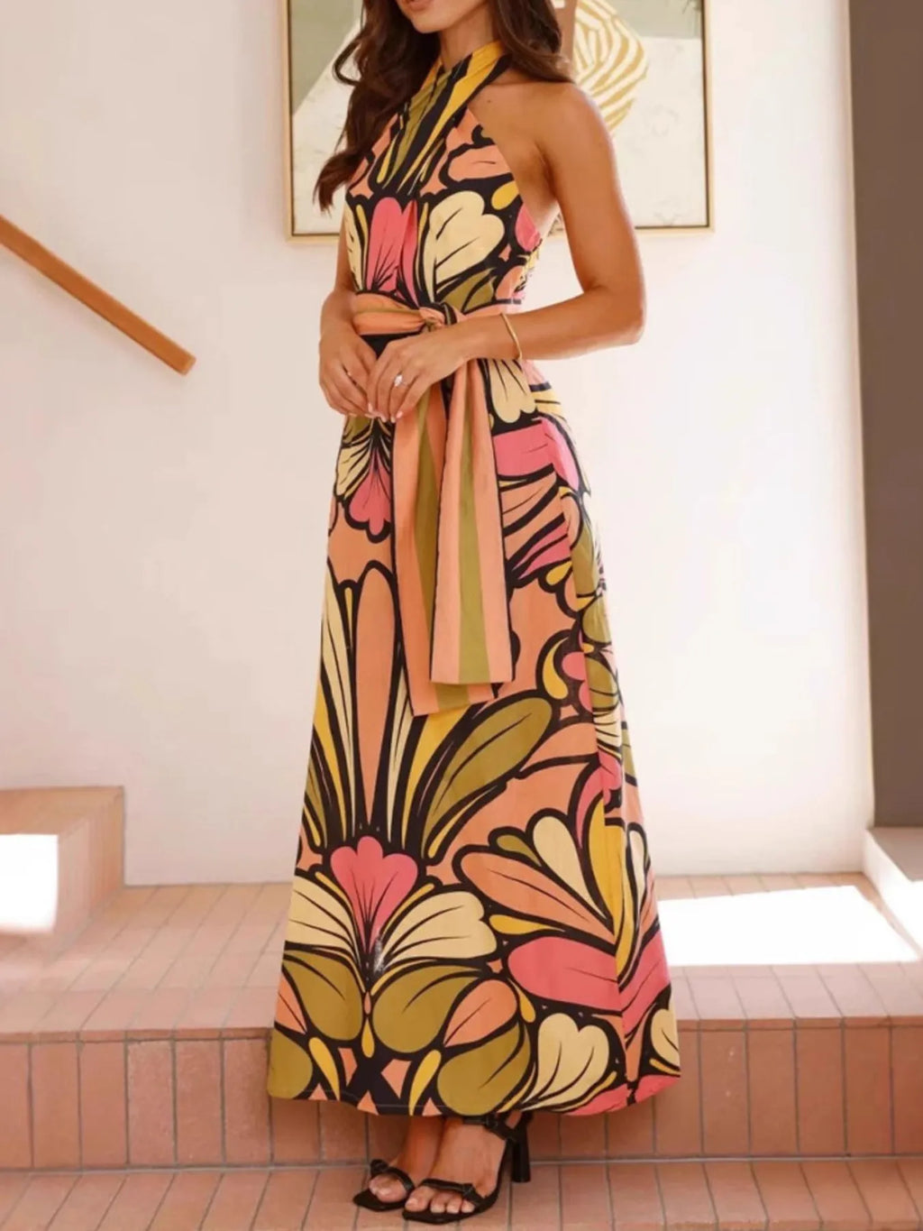 Printed Halter Neck Maxi Cami Dress by Shopiebay