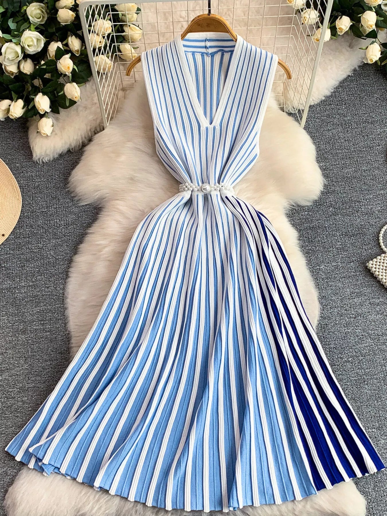 Striped Sleeveless Midi Dress by Shopiebay