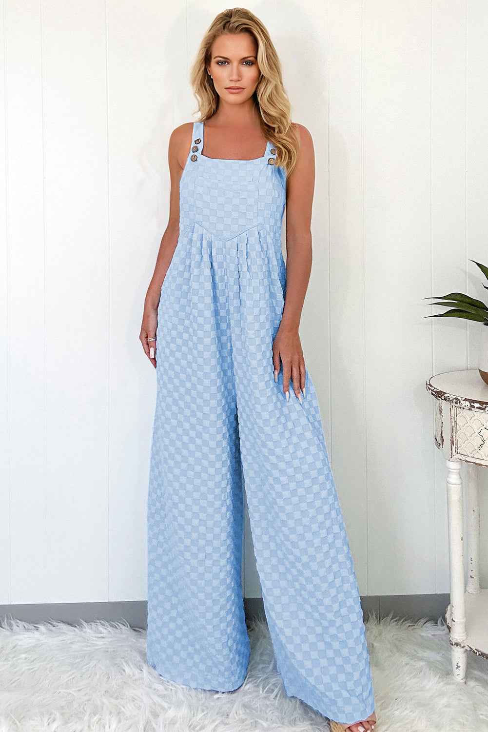 Beau Blue Checkered Pocket High Waist Wide Leg Overall