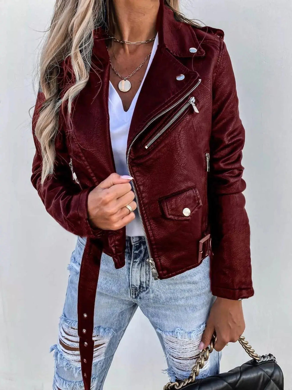 Plus Size Zip Up Motorcycle Biker Faux Leather Jacket