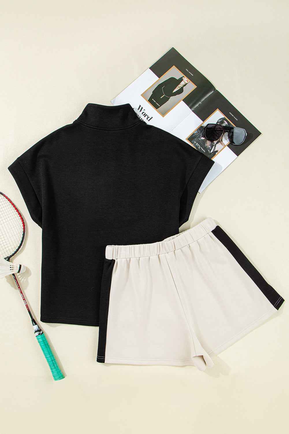 Black Contrast Zipped Stand Collared T Shirt and Short Set